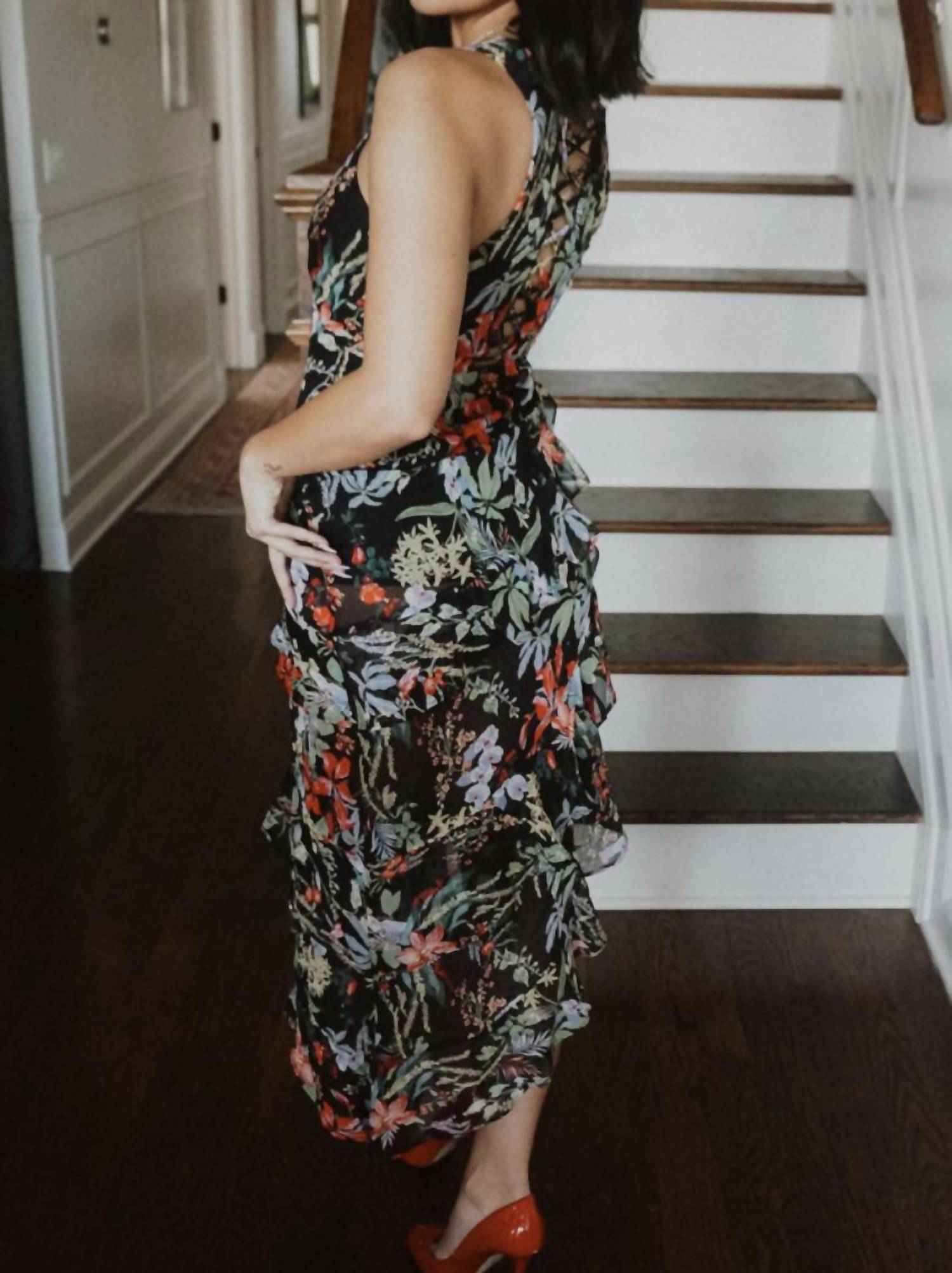 Wow Couture - Floral Tiered Ruffle High-Low Dress