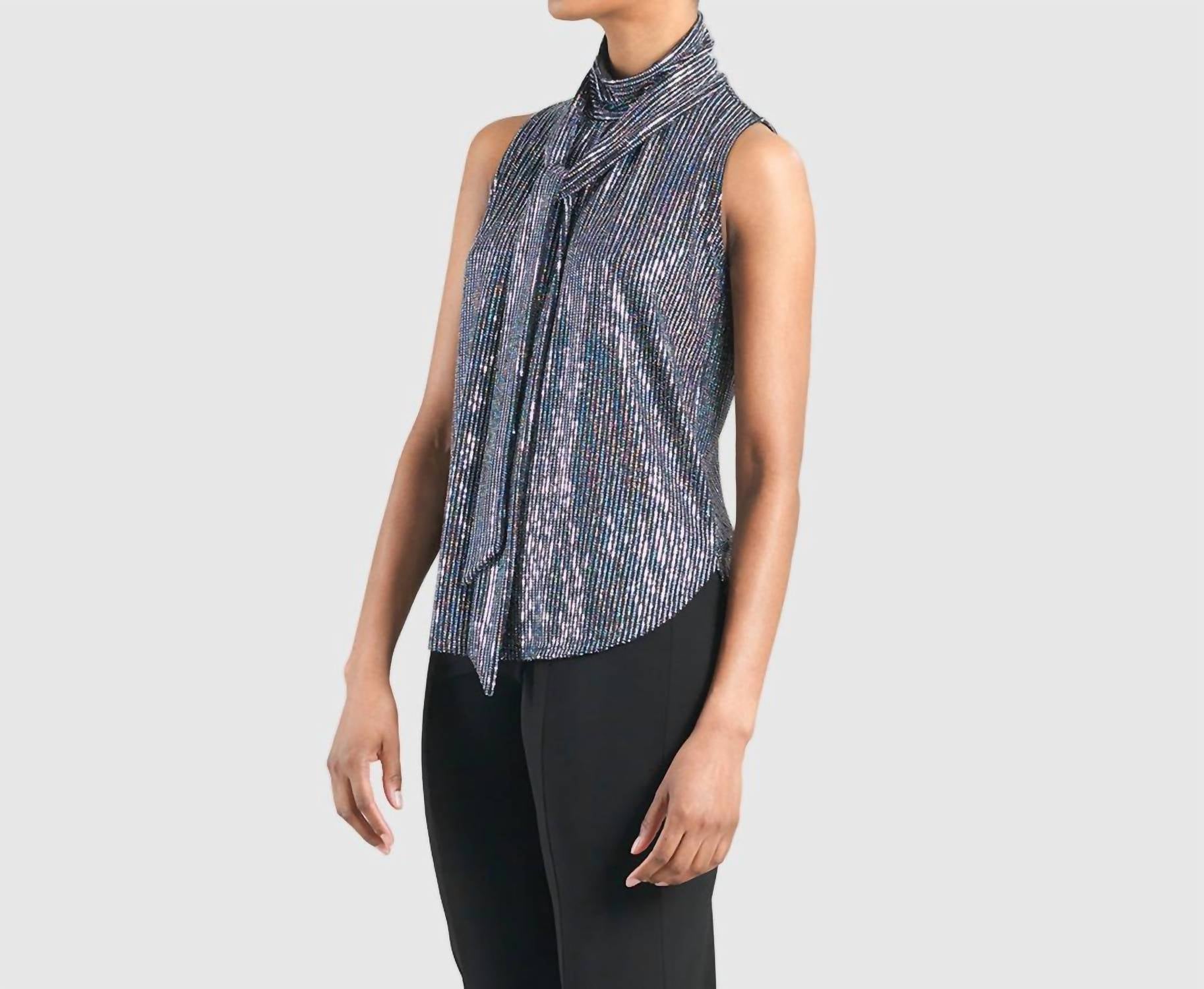 Clara Sun Woo Shimmer Sequin Mock Neck-tie Detail Top in silver pinstripe - women's blouse - detail view