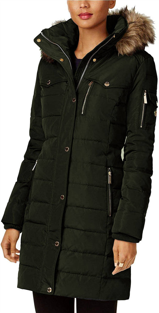 Down Fill Faux Fur Hood 3/4 Puffer Coat