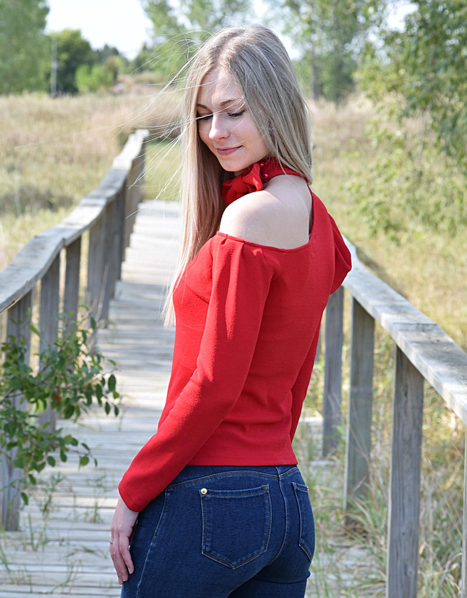 Esley Collection - Charming Cold Shoulder Halter Blouse