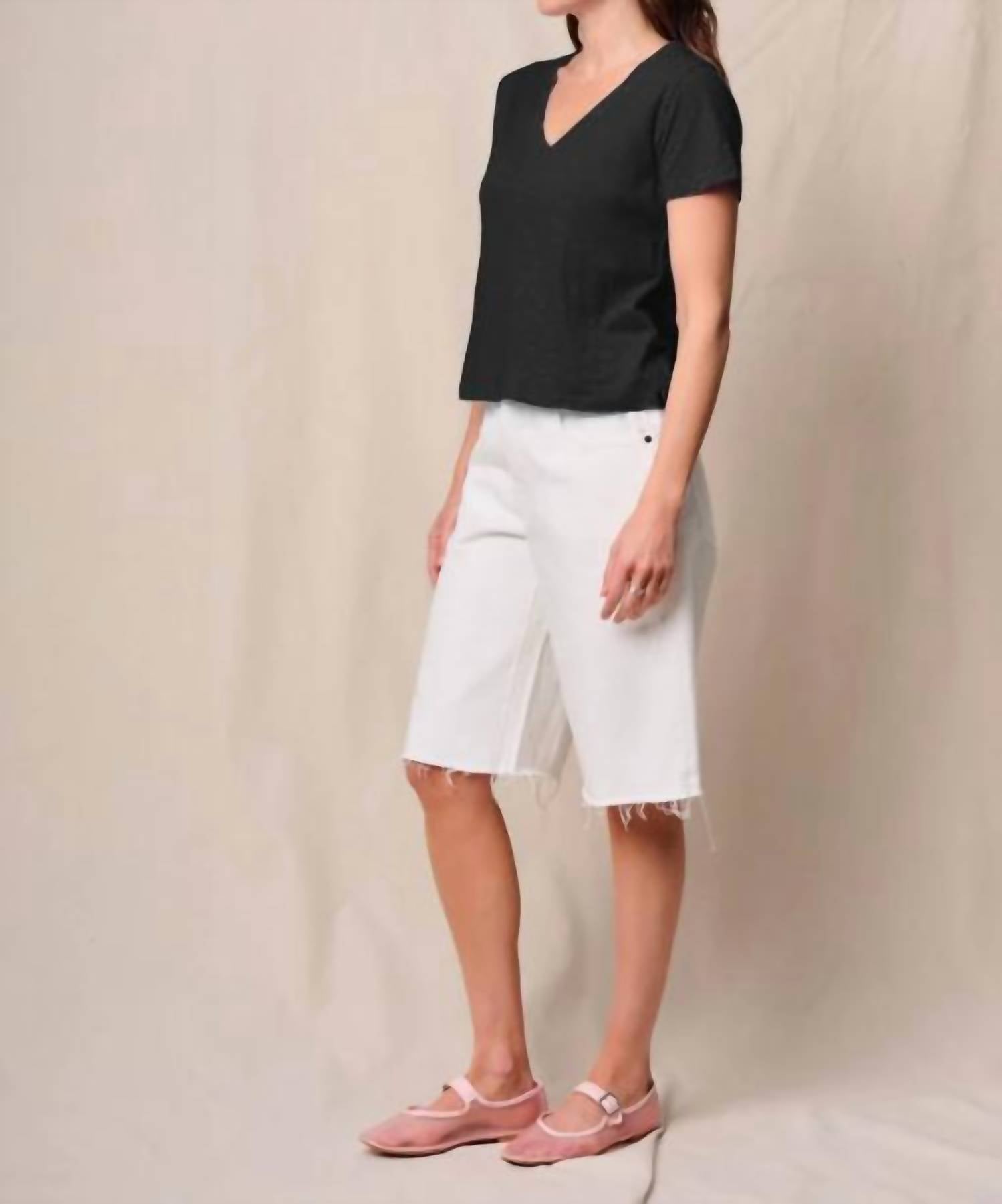 STATESIDE Suipma Slub Short Sleeve V Neck Tee in black - women's t-shirt - detail view