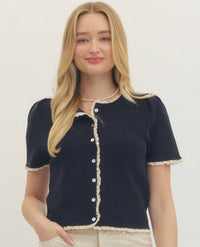 Entro - Solid Short Sleeve Lace Trim Sweater Top