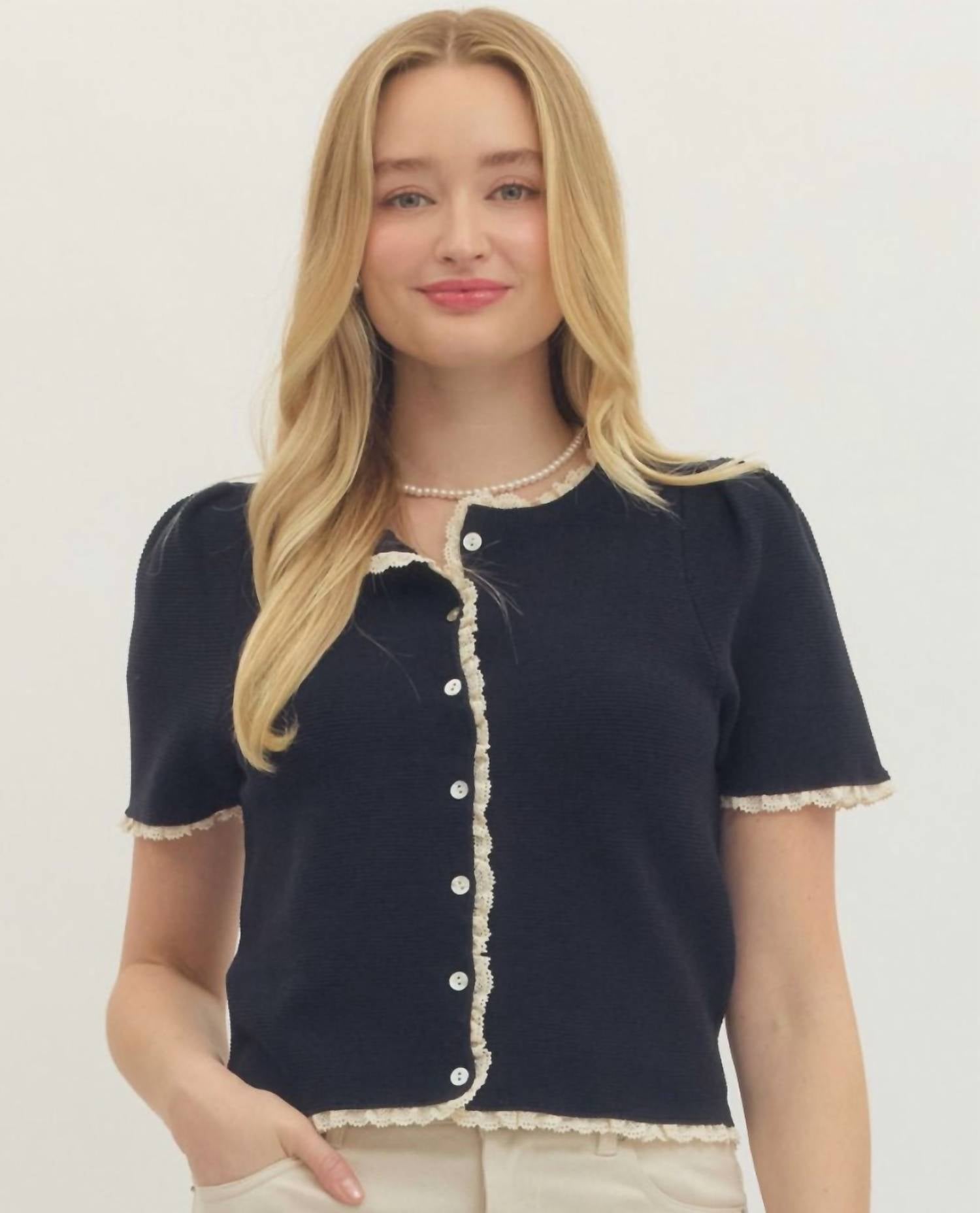 Entro - Solid Short Sleeve Lace Trim Sweater Top