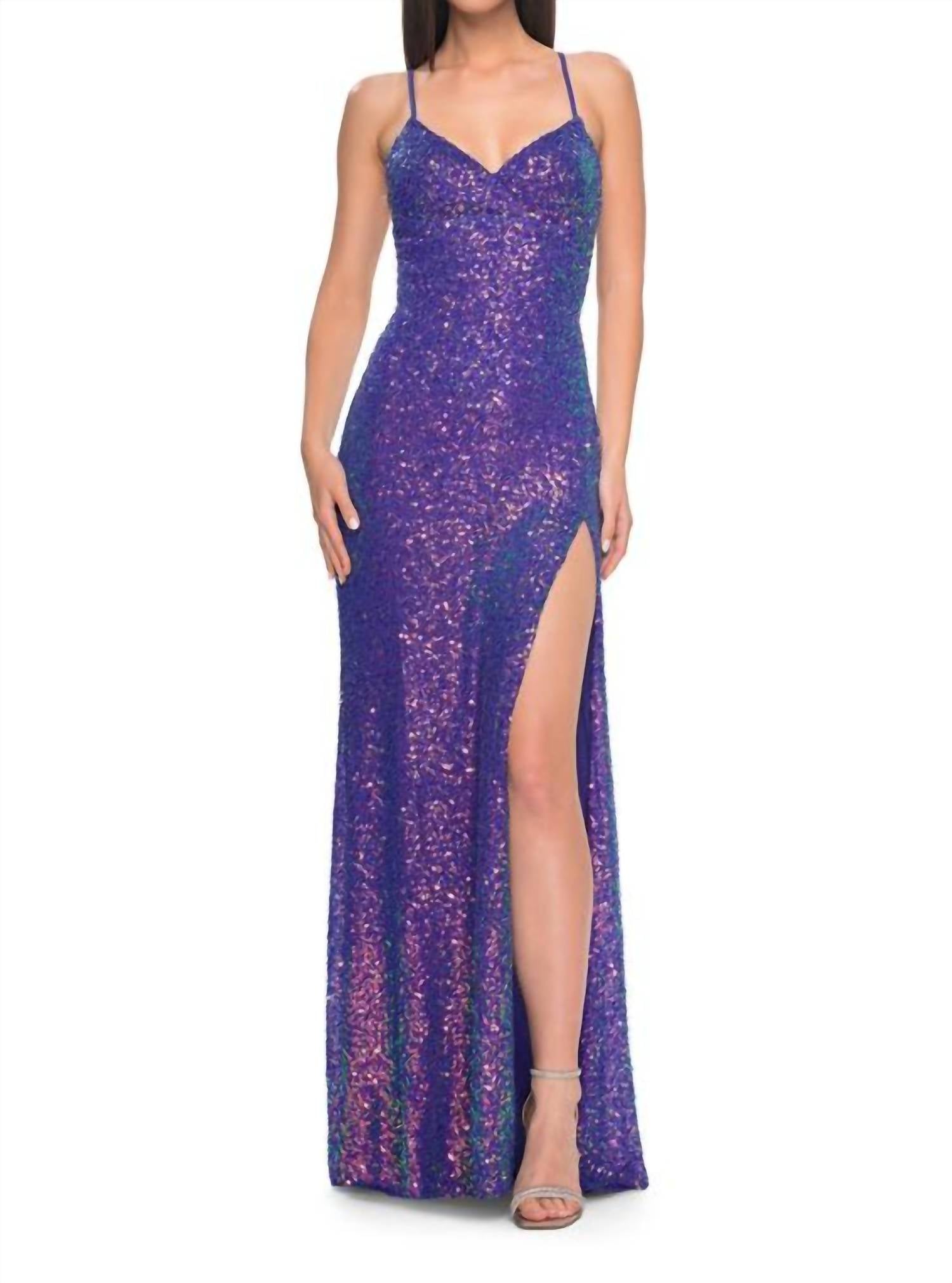 La Femme - Beaded Sequin Dress with Slit