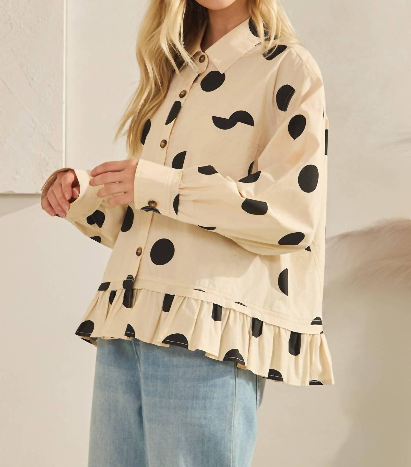 Sewn and Seen Kip Polka Dot Ruffle Hem Top in cream - women's blouse - view 4