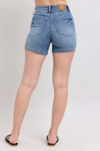 Judy Blue Tummy Control Double Waistband Shorts in cool denim - women's shorts - alternate view