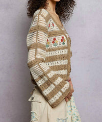 Pol - Sofia Floral Embroidery Crochet Striped Sweater