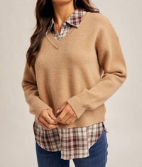 Hem & Thread Plaid Contrast Mixed V-neck Sweater in burgundy plaid tan - women's sweater