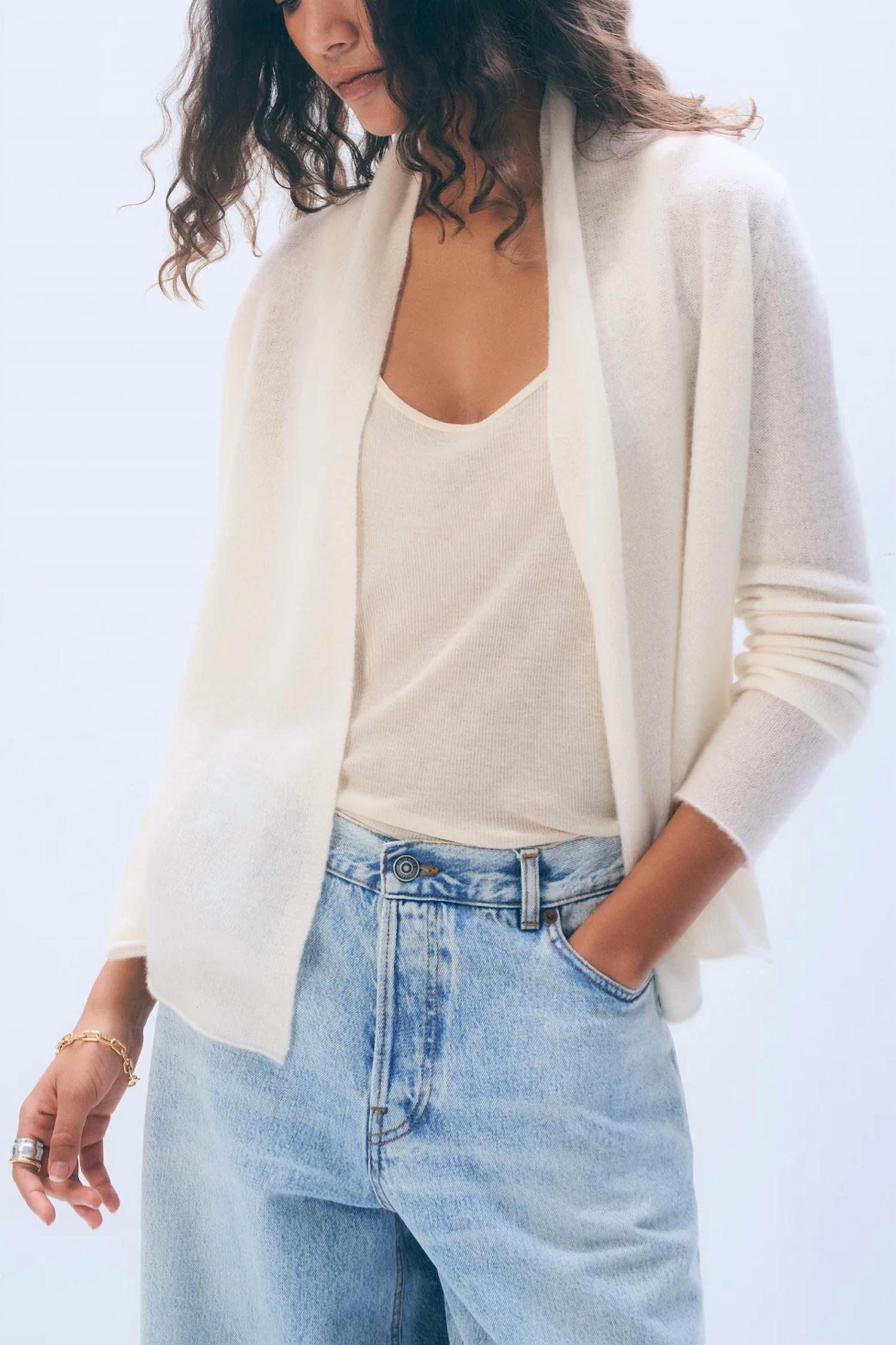 White + Warren Cashmere Mini Trapeze Cardigan Top in soft white - women's cardigan