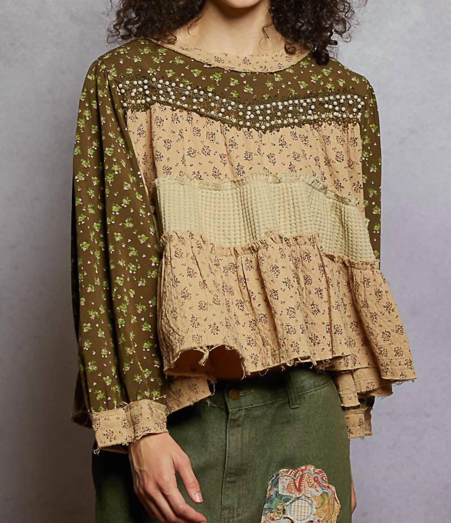 POL Pearl Studded Patch Work Top in olive green - women's blouse - view 5