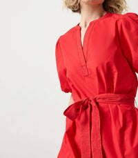 Lilla P Shirred Sleeve Split Neck Dress in scarlett - women's dress - detail view