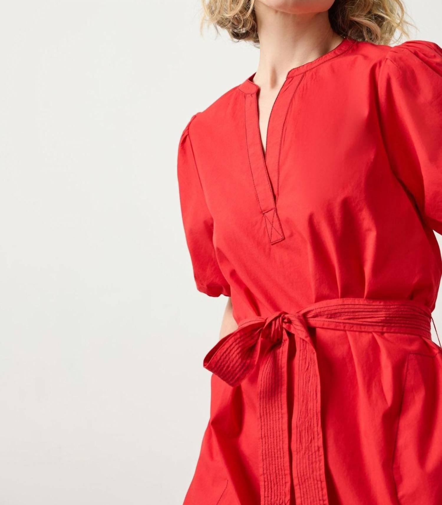 Lilla P Shirred Sleeve Split Neck Dress in scarlett - women's dress - detail view