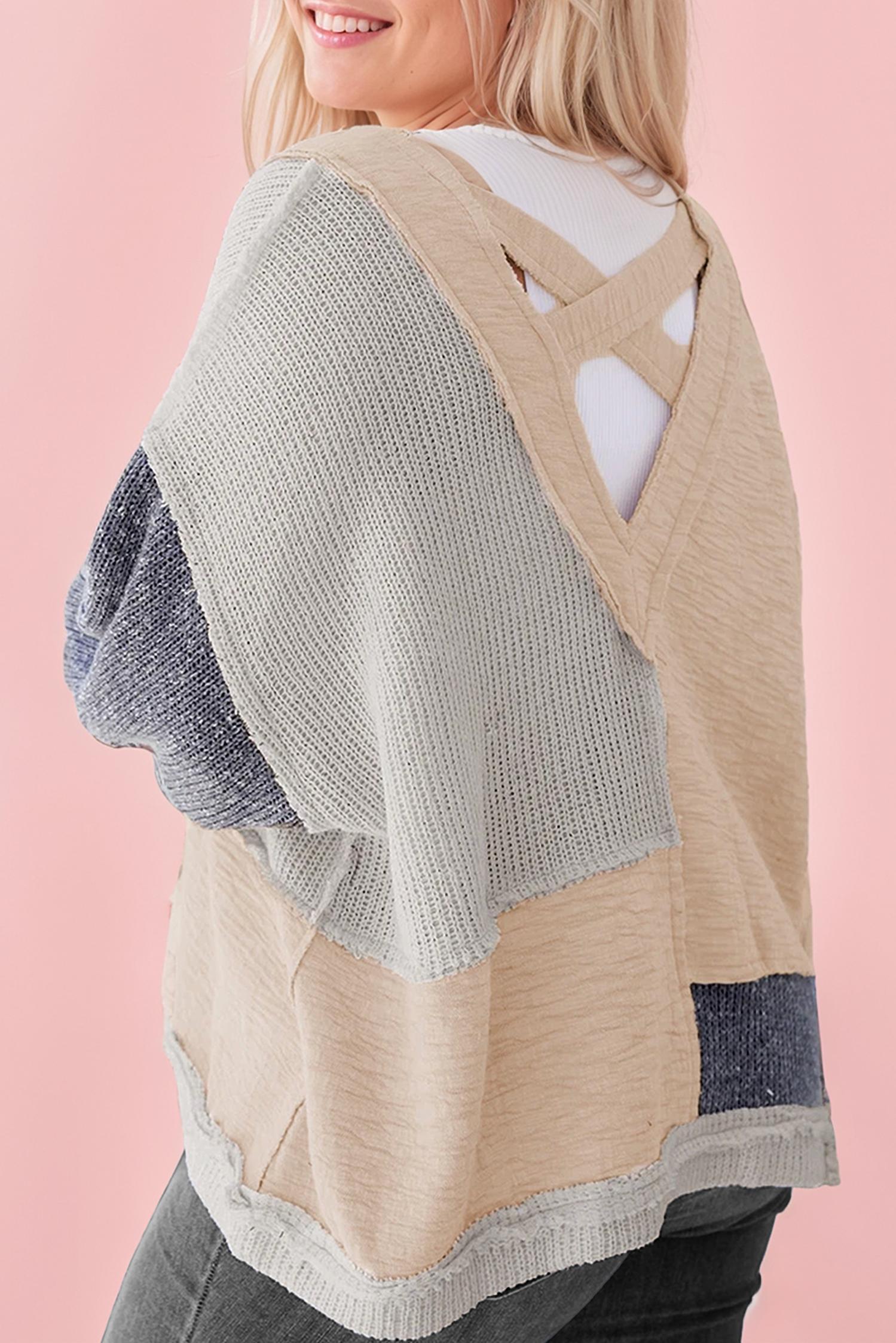 66Disco - Textured Colorblock Patchwork V-neck Top - Plus