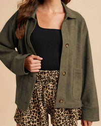 AnnieWear Structured Collar & Cuffs Suede Jacket in olive - women's jacket - detail view