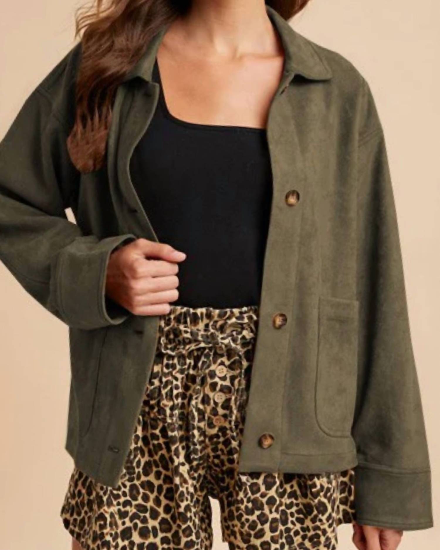AnnieWear Structured Collar & Cuffs Suede Jacket in olive - women's jacket - detail view