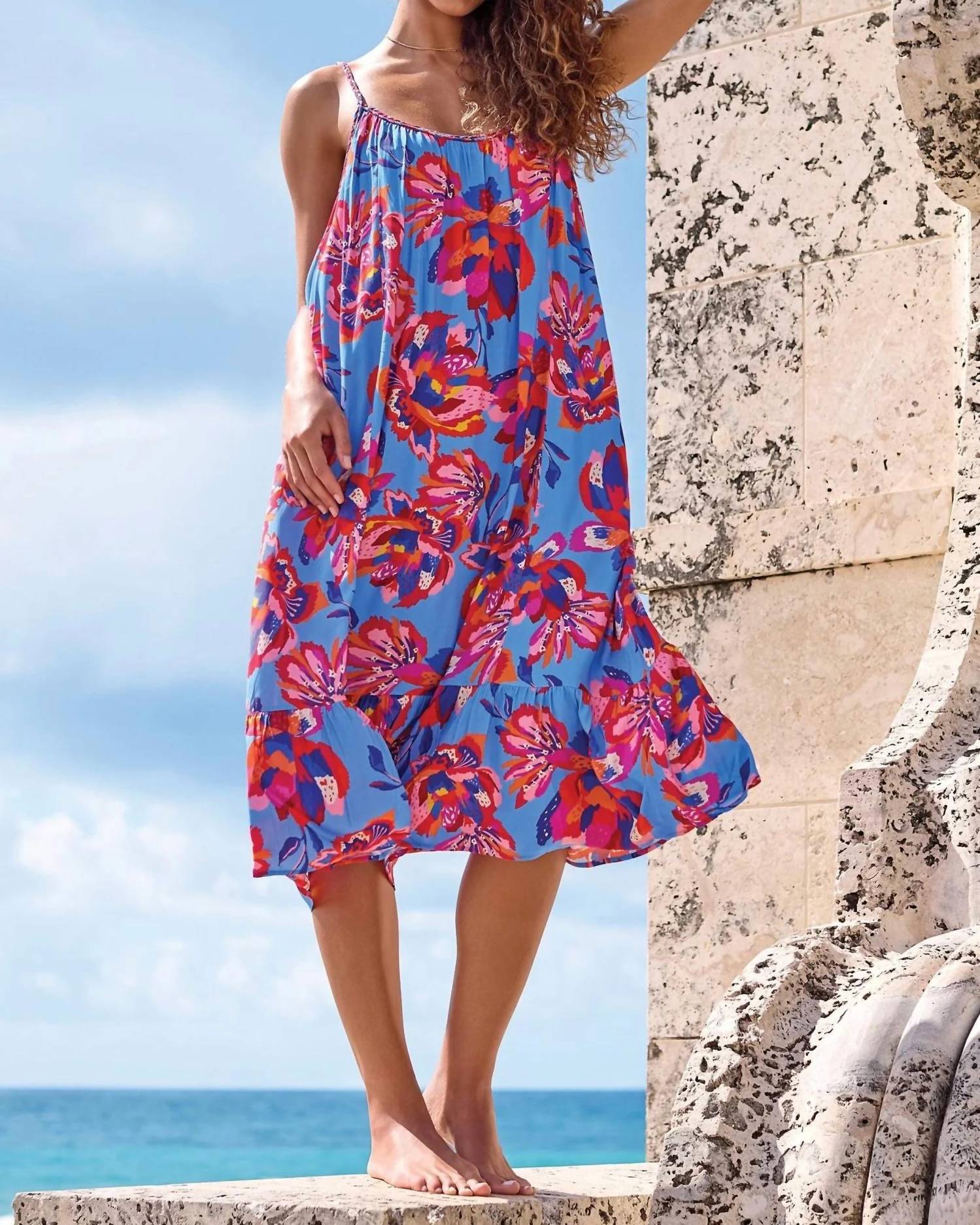 Tribal - Braided Straps Flounce-hem Midi Dress