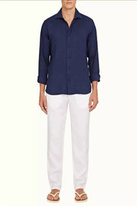 Orlebar Brown Giles Smart Linen Cut Shirt in navy - men's shirt