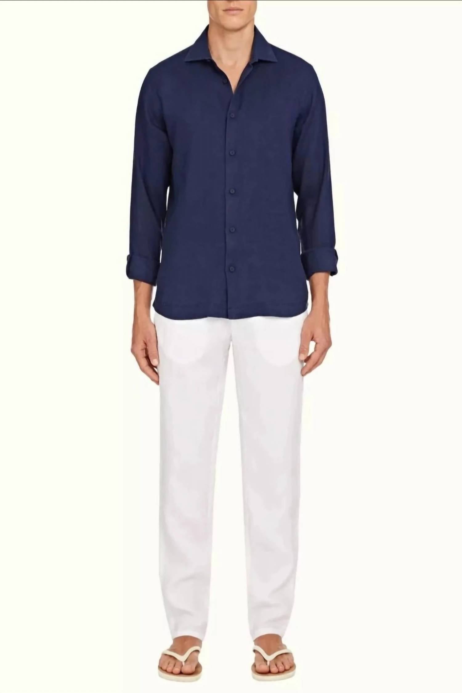 Orlebar Brown Giles Smart Linen Cut Shirt in navy - men's shirt