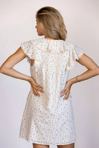 STORIA Margot Ditsy Floral Mini Dress in ivory blue - women's dress - detail view