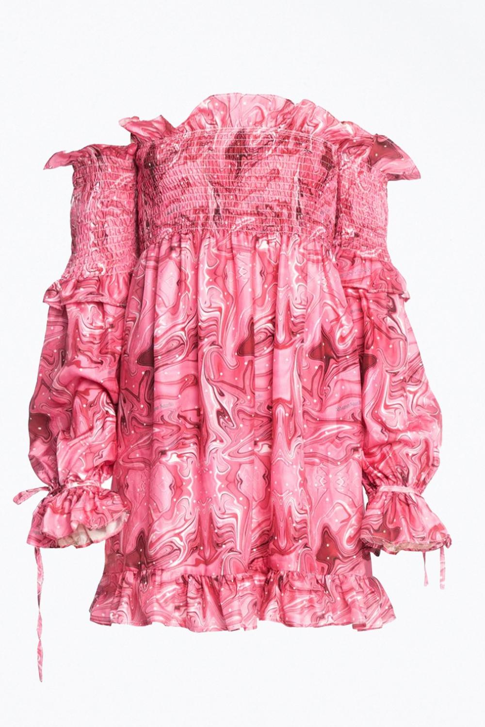 VENUS OFF-THE-SHOULDER SMOCKED CHARMEUSE MINI DRESS