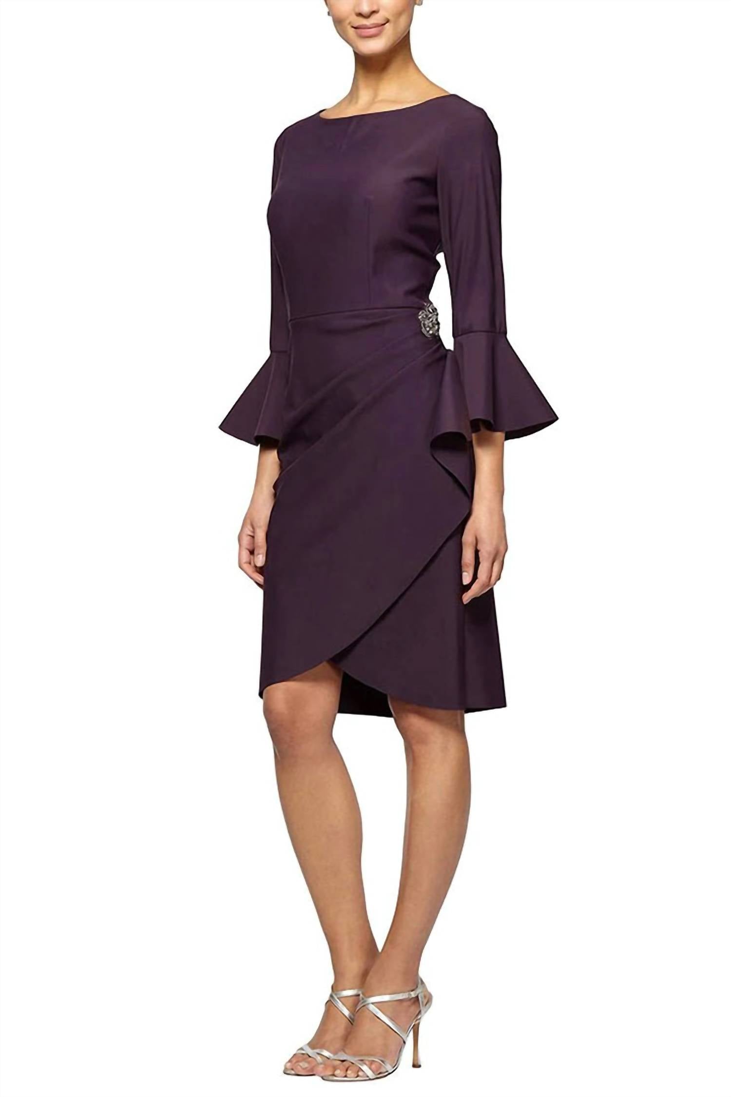 Alex Evenings - Boat Neck Bell Sleeve Brooch Ruffle Crepe Dress
