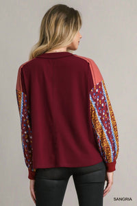 Umgee - Colorblock Contrast Knit With Printed Sleeves Top