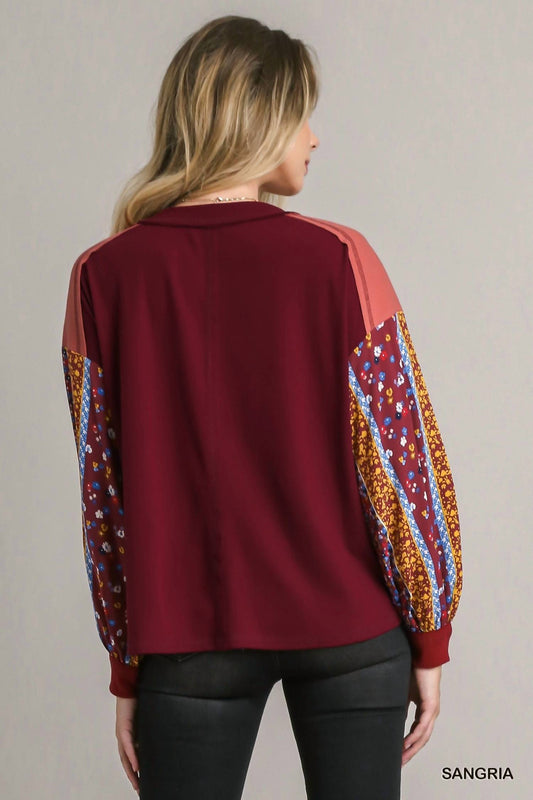 Umgee - Colorblock Contrast Knit With Printed Sleeves Top