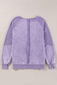 Shewin - Waffle Patchwork Raglan Sleeve Exposed Seam Sweatshirt