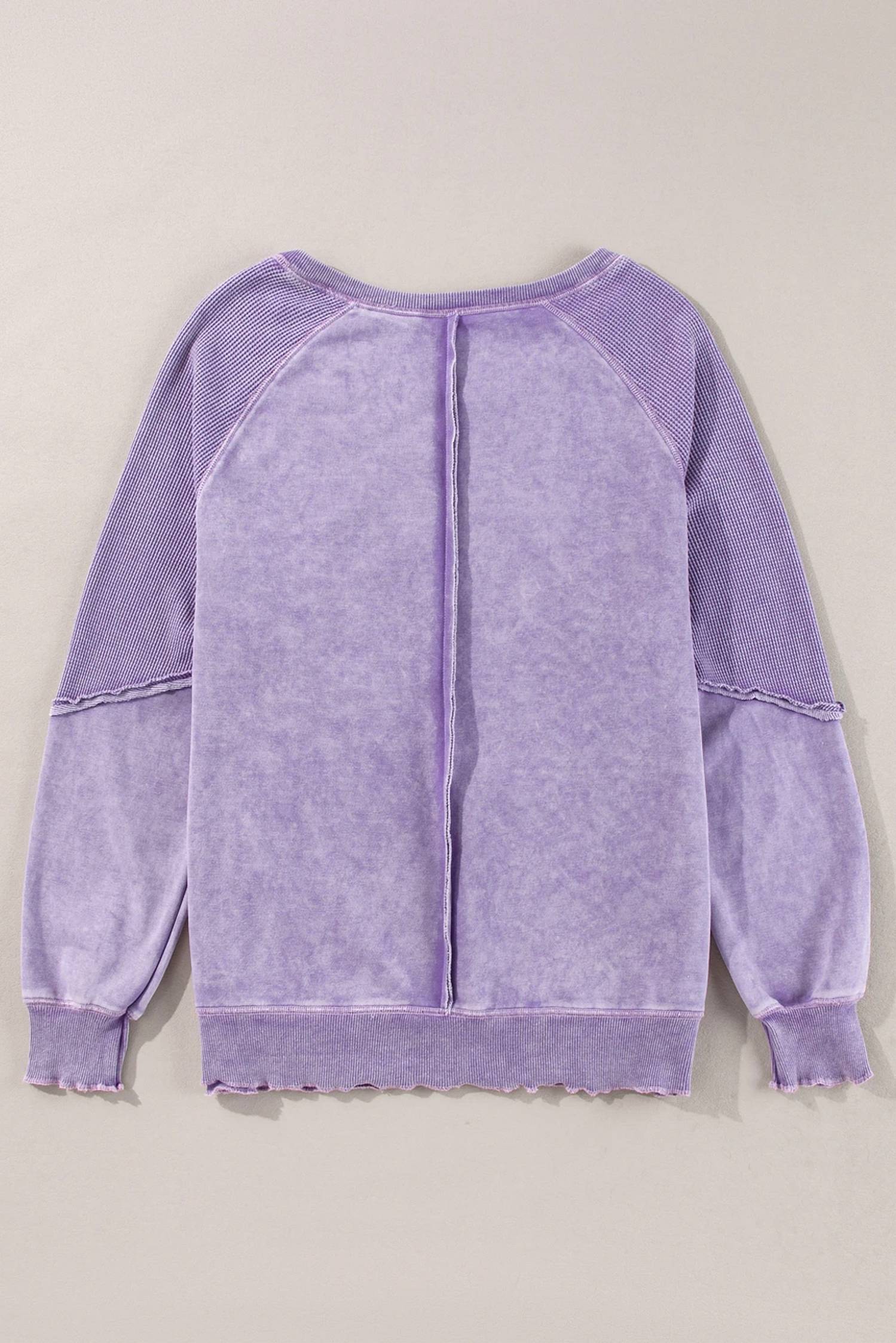 Shewin - Waffle Patchwork Raglan Sleeve Exposed Seam Sweatshirt