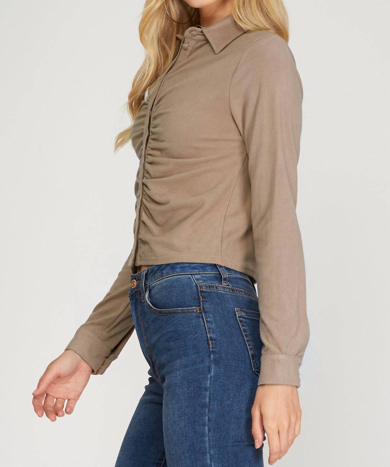 She + Sky - Long Cuff Sleeve Brushed Stretch Knit Top