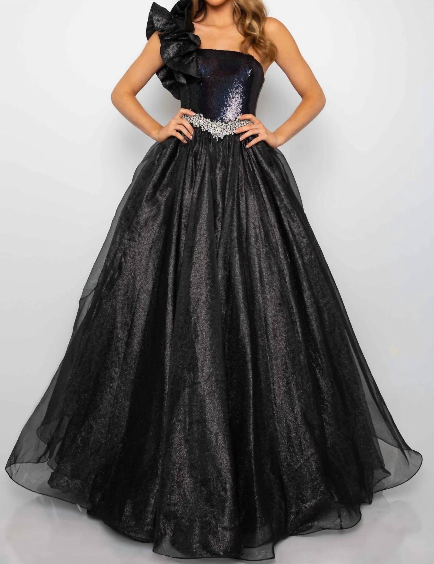 Ava Presley - Embellished Ruffled One Shoulder Ball Gown