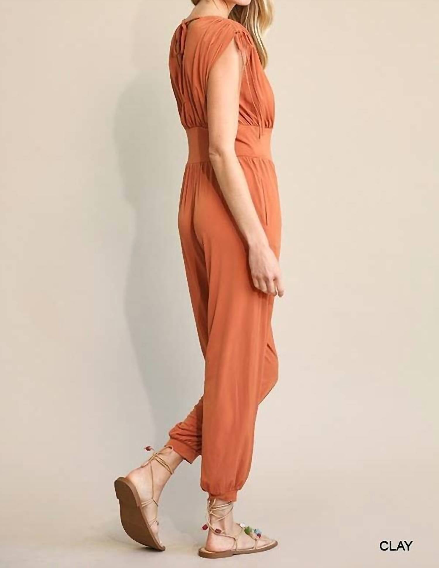 Bns - Ruched Drawstring Detail Jogger Jumpsuit With Pockets