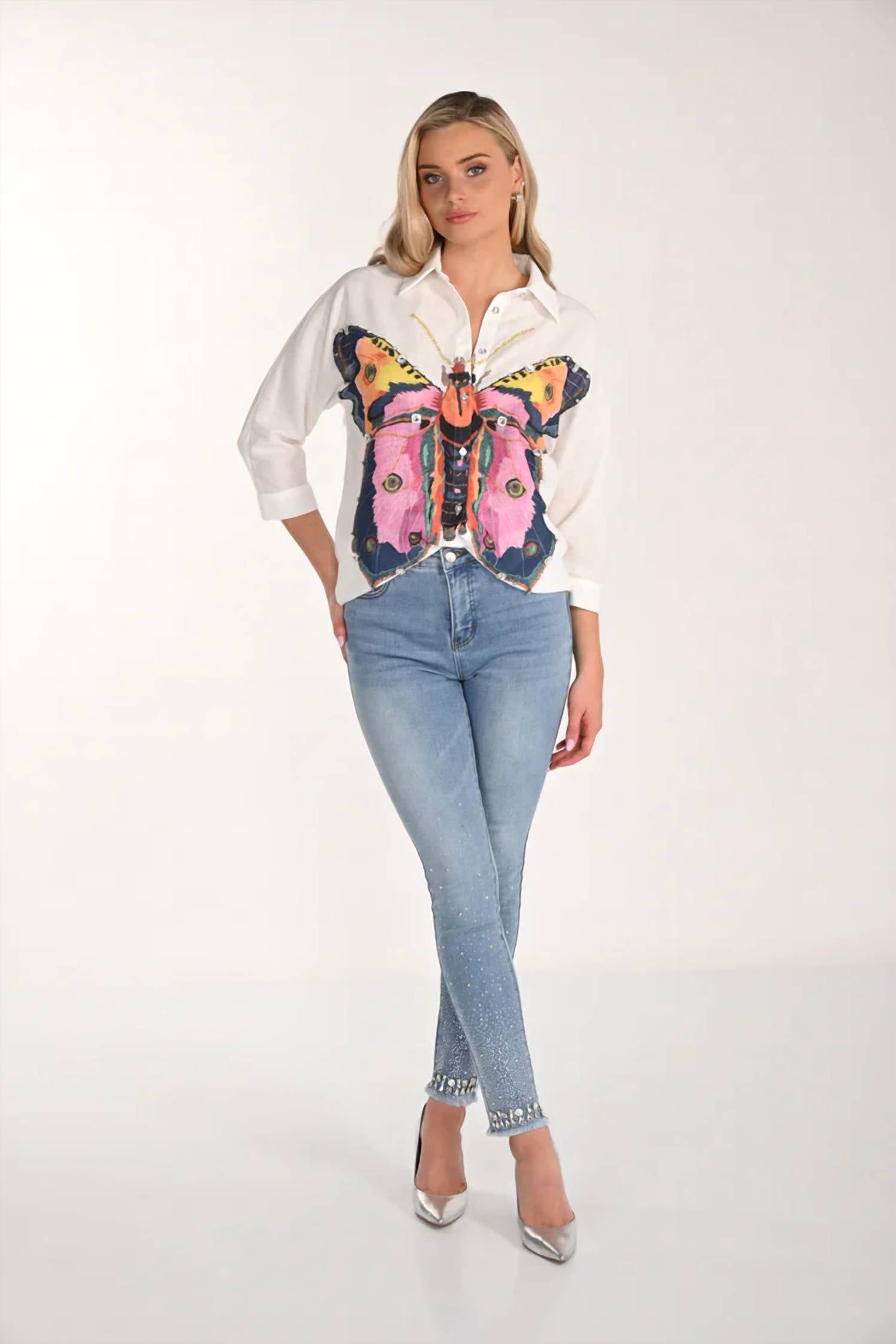 Frank Lyman - Reann Rhinestone Embellished Hem Skinny Jeans