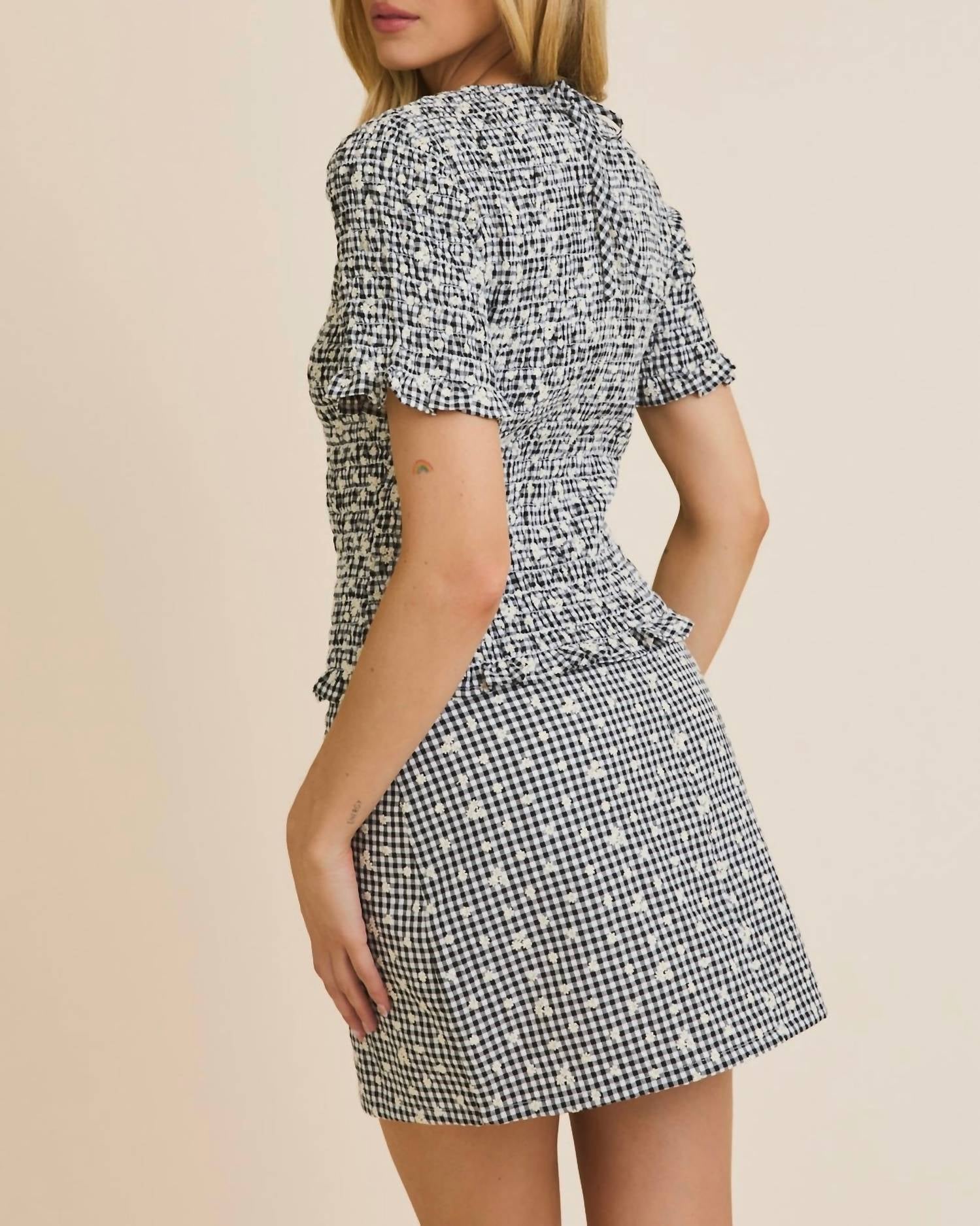 Gilli - Round Neck Half Sleeve Smocked Eyelet Top And Mini Skirt Set