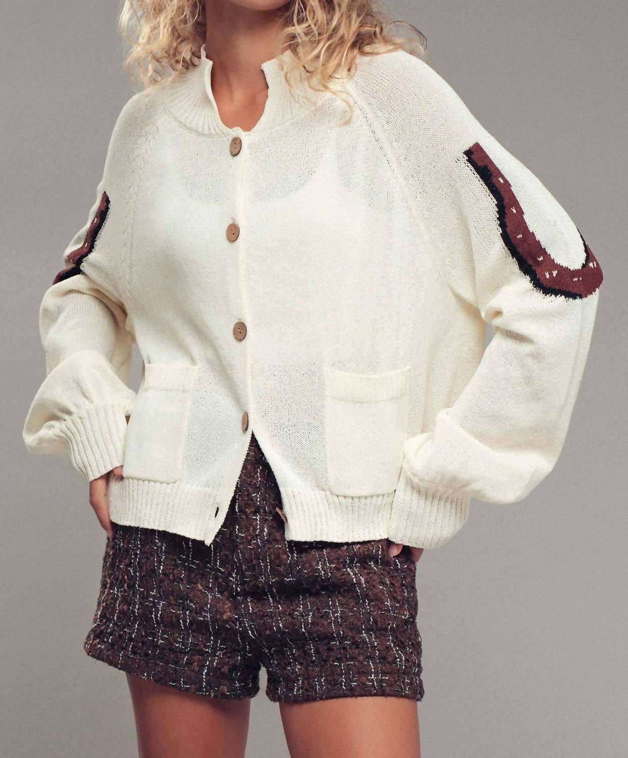 Urban Daizy Western Horse Intarsia Cardigan Top in ivory multi - women's sweater - detail view