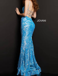 JOVANI Embellished Tie Back Dress in iridescent blue - women's dress - alternate view