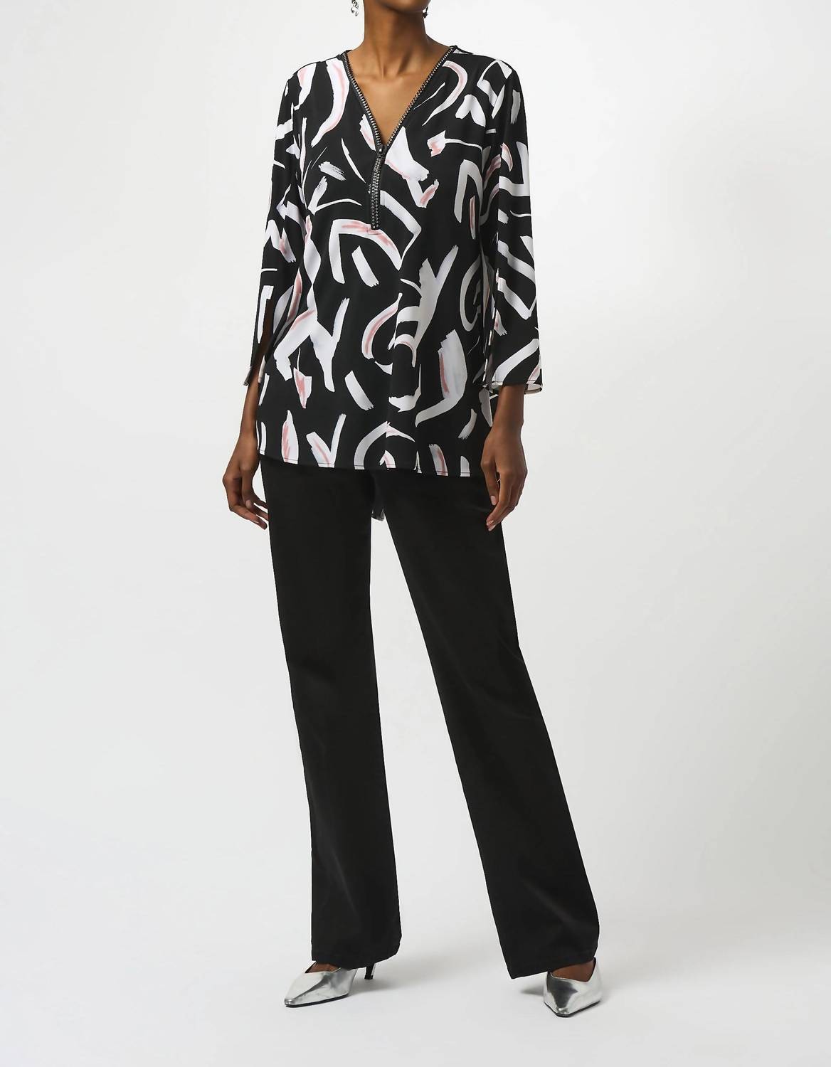 Joseph Ribkoff - Embellished Zip V-neck 3/4 Sleeve Tunic Top
