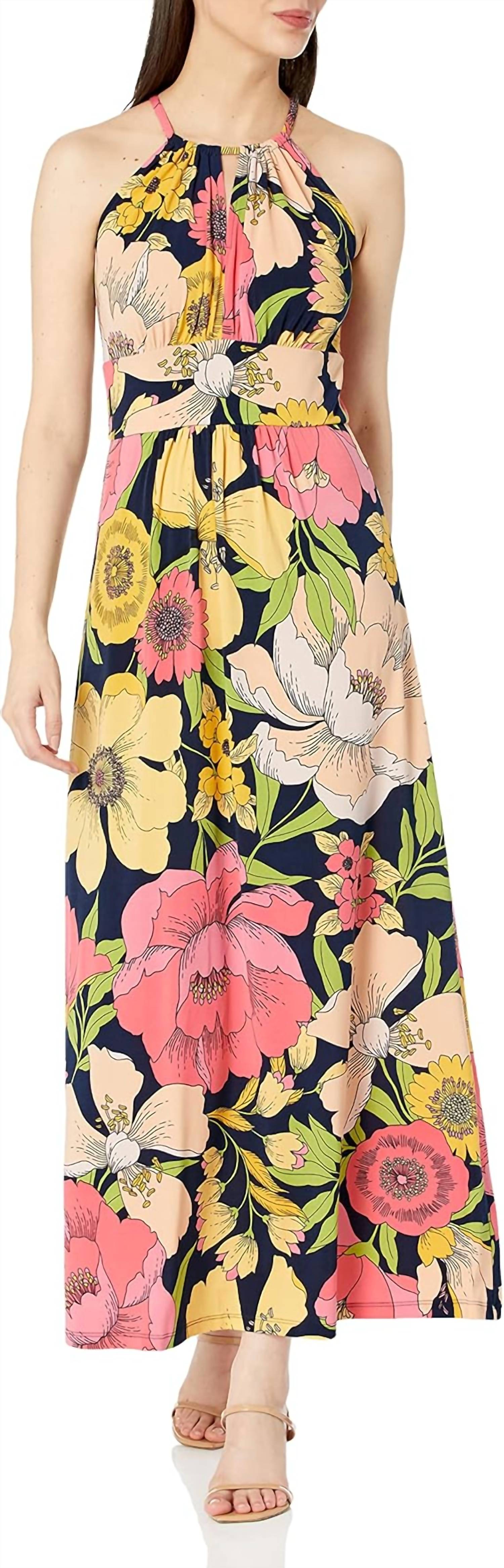 London Times - Floral Print Halter Maxi Dress