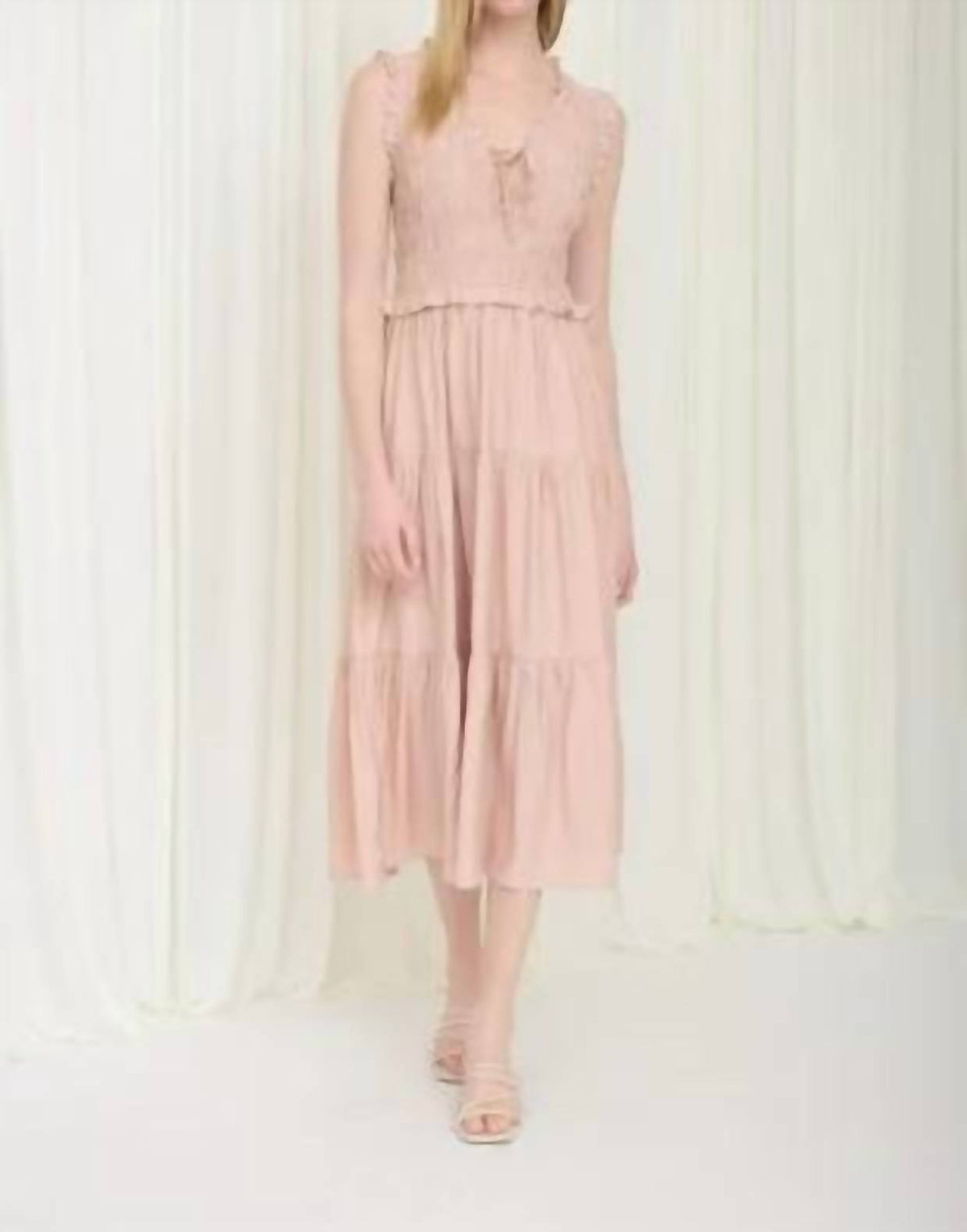 Blu Pepper - Smocked Front Tie Ruffle Detail Tiered Midi Dress