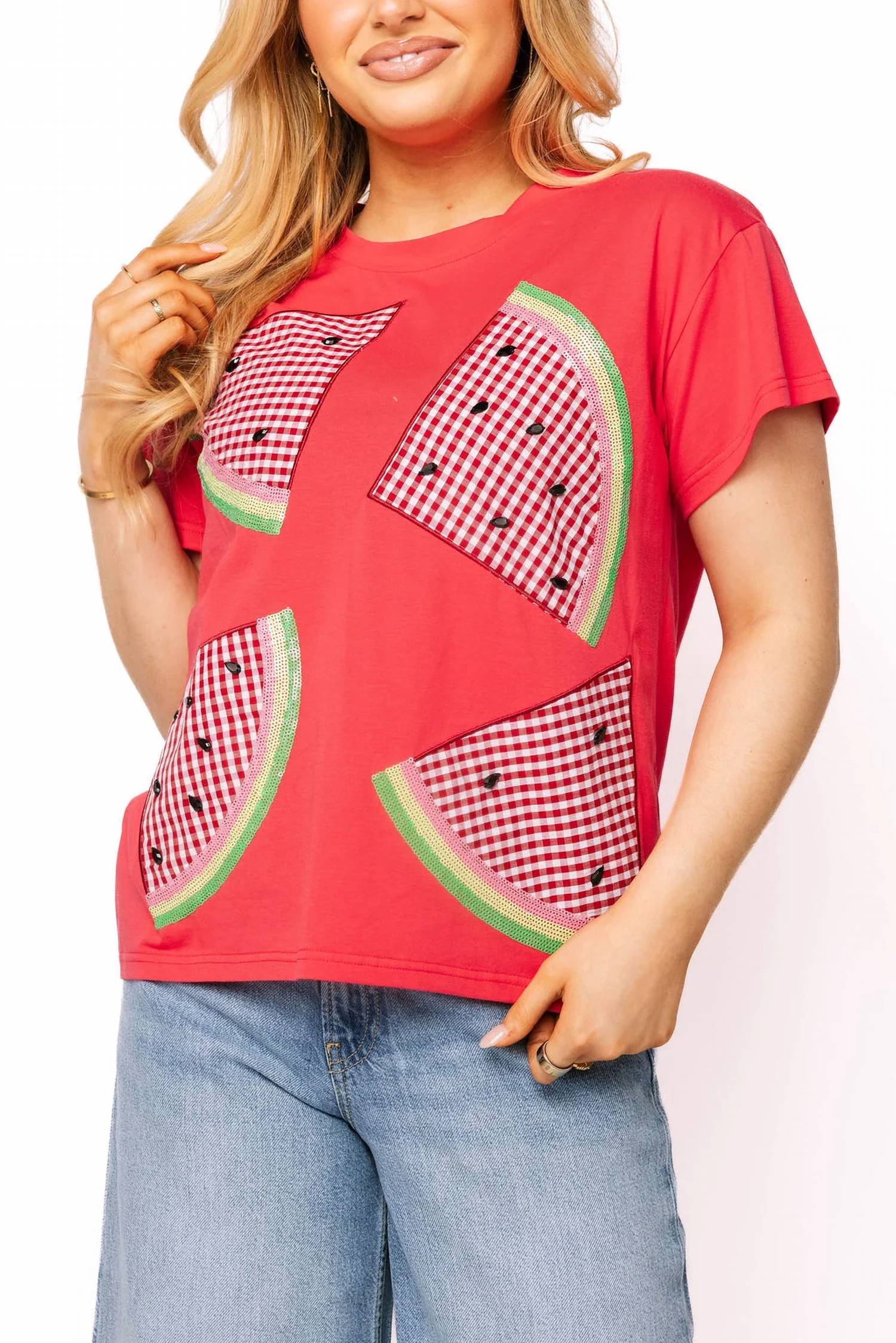 Queen Of Sparkles - Gingham Watermelon Short Sleeve Tee