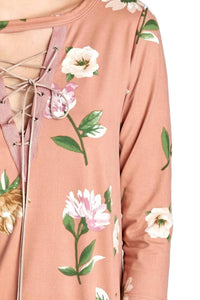 Oddi - Lace Up Floral Brushed Knit Top