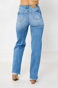 Judy Blue - Women's Leo Tummy Control Destroy Knee Straight Denim Jeans