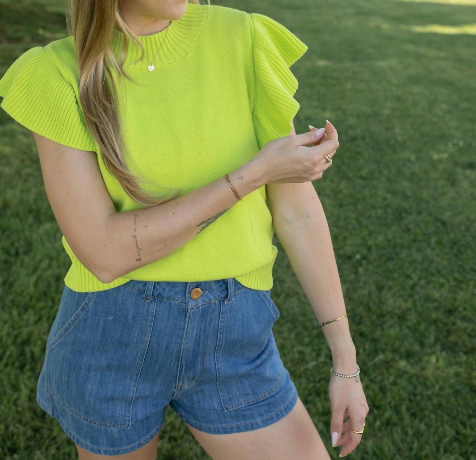 Jodifl Glow Get 'em Ruffle Knit Top in lime - women's blouse - alternate view
