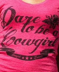 Original Cowgirl Clothing Dare to be Cowgirl Burnout Tee in pomegranite - women's t-shirt - detail view