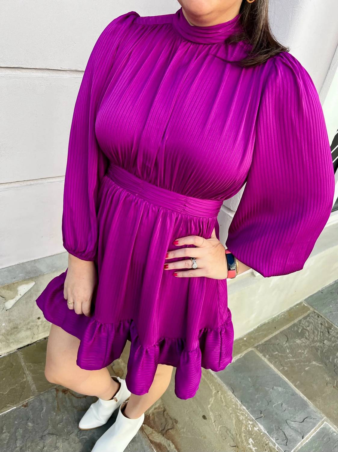 Entro - Shadow Stripe Mock Neck Long Sleeve Tiered Mini Dress