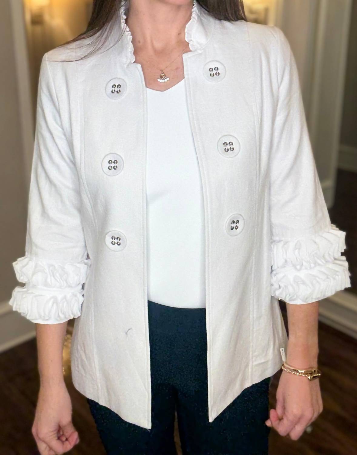 Multiples 3/4 Sleeve Stand Collar Jacket in white - women's jacket