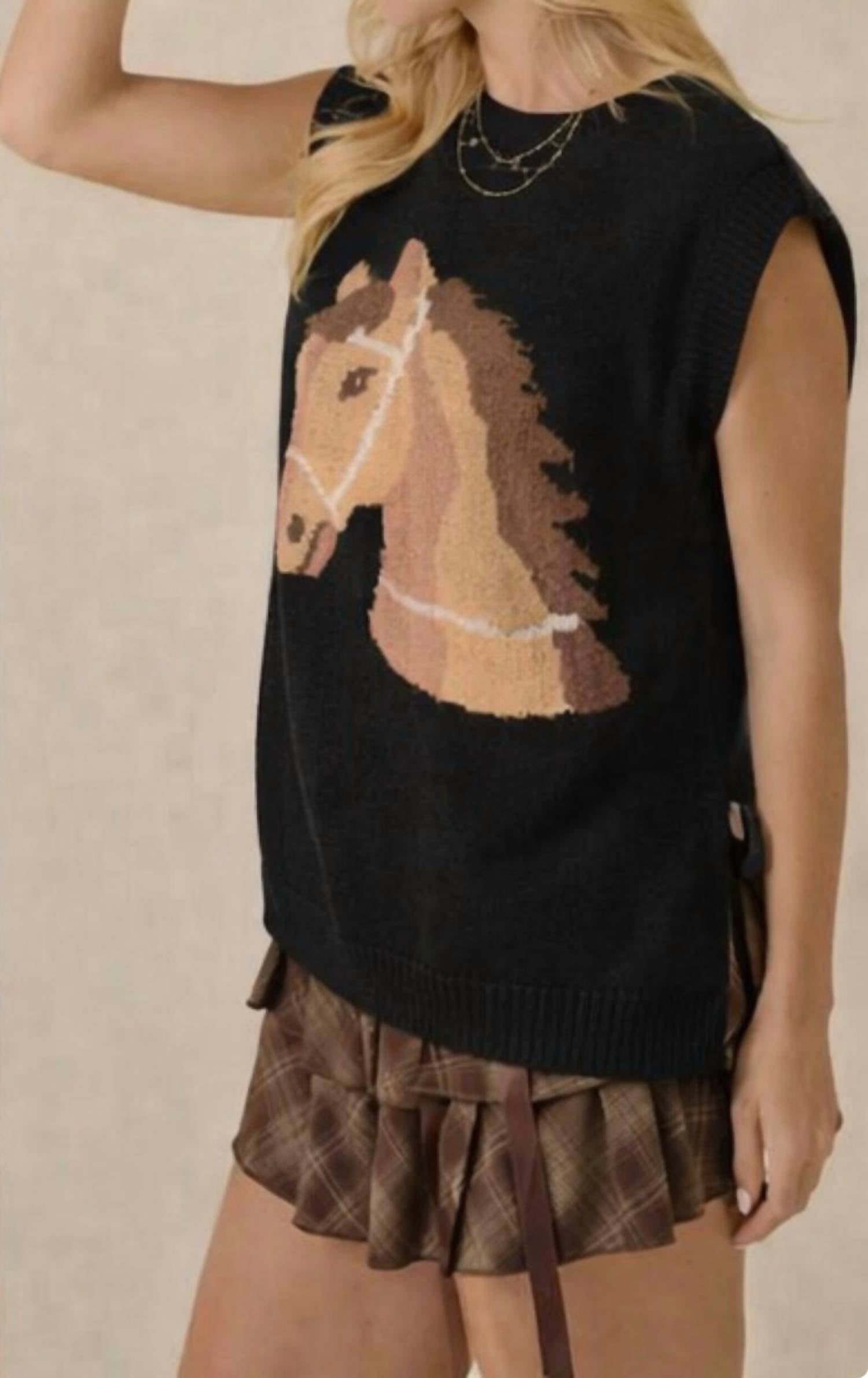 Mainstrip - Western Horse Sleeveless Sweater Knit Top