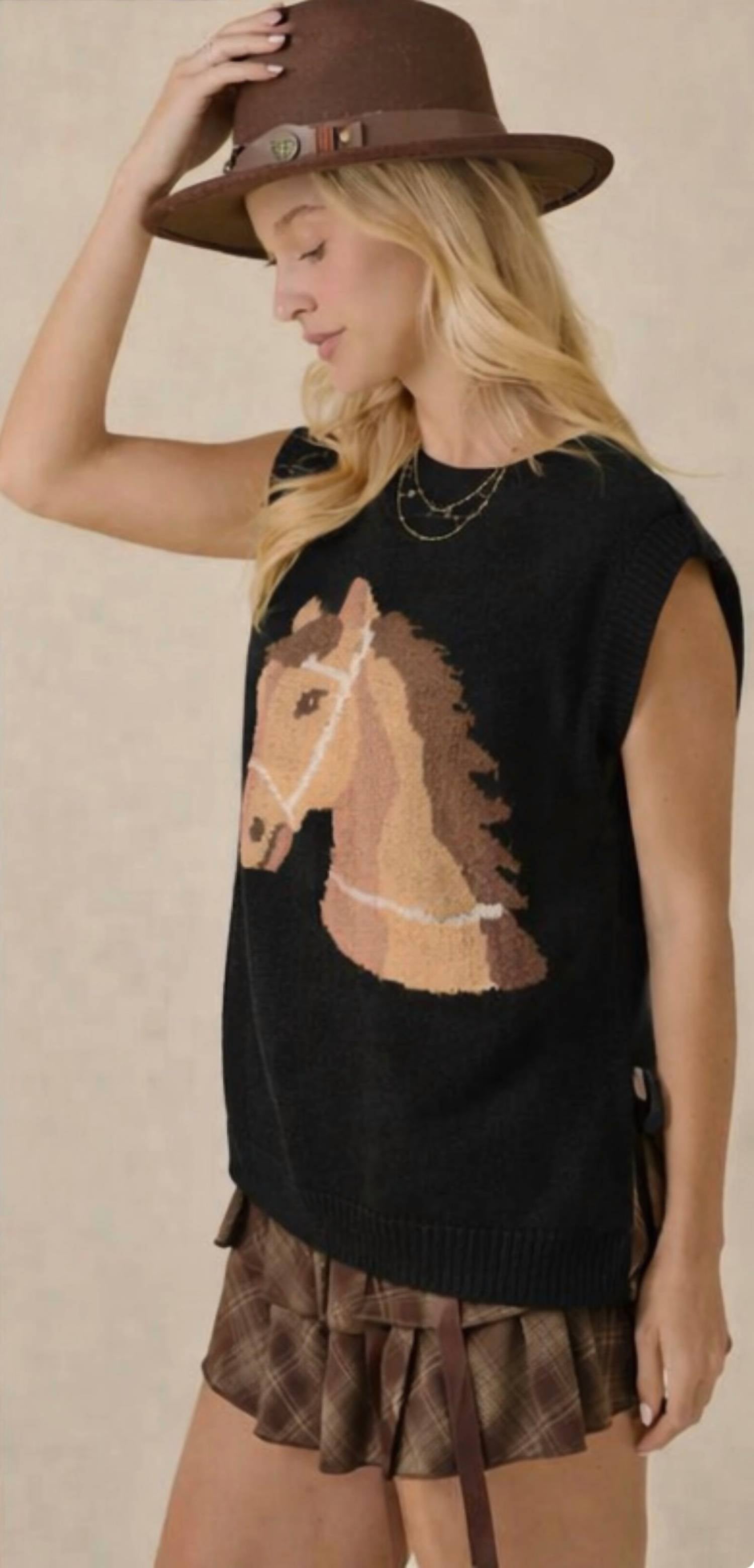 Mainstrip - Western Horse Sleeveless Sweater Knit Top