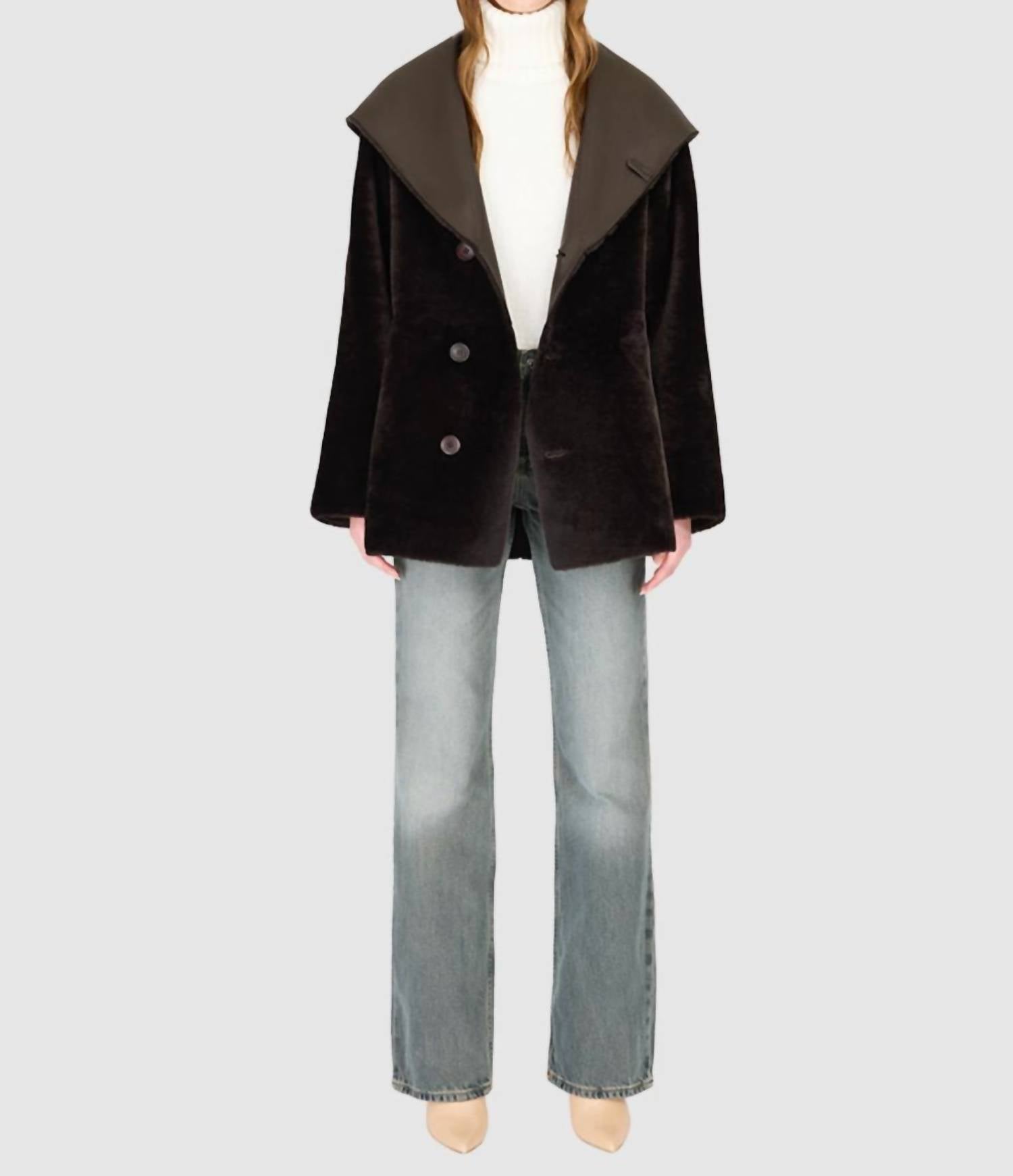 HiSO Cherez Reversible Shearling Jacket in chocolate silky - women's jacket - detail view