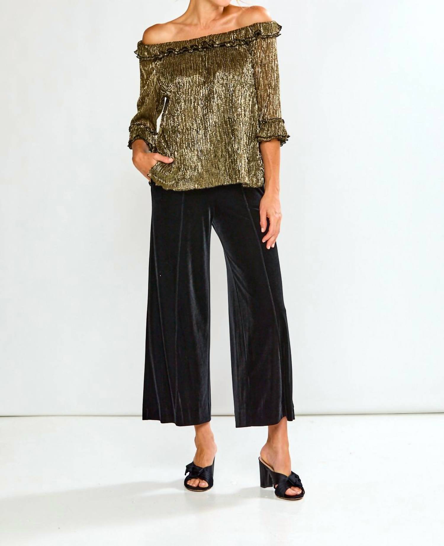 SARA CAMPBELL Candace Ruffle Neckline Top in black gold - women's t-shirt - view 5